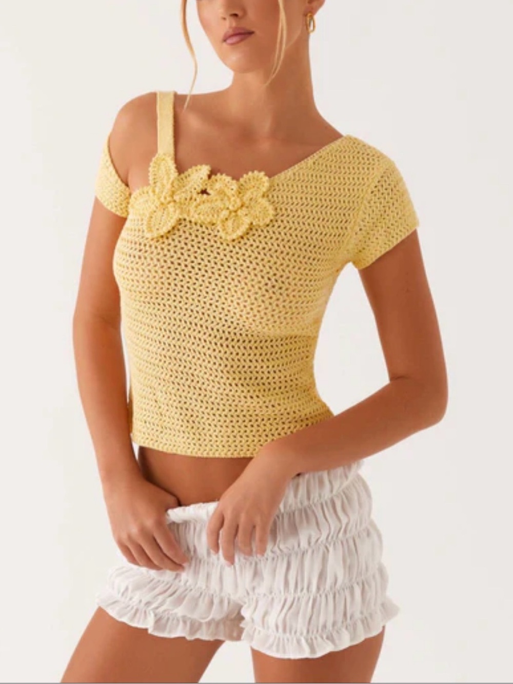Peppermayo Yellow Crochet Short Sleeve Top
